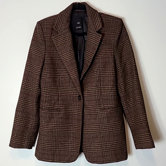 Mango Jackets & Blazers - Mango plaid wool blazer Womens Size Small Dark Academia Preppy Old Money Brown
